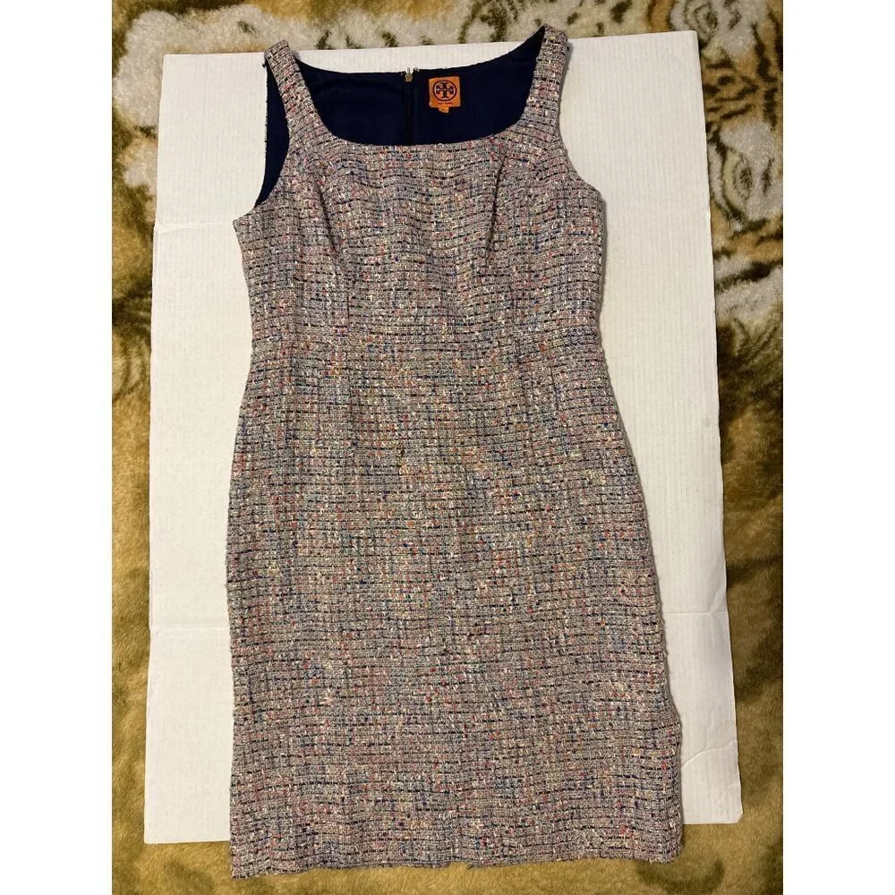 Tory Burch Emma Knotted Tweed Sleeveless Midi Lined Dress Size 12 - Picture 4 of 16